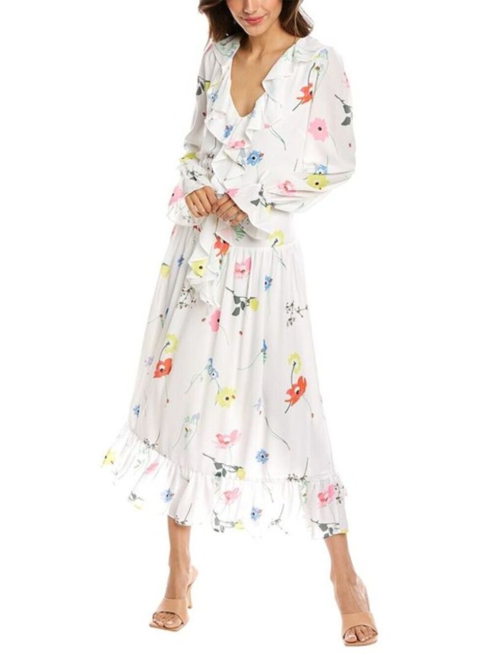 Olivia Rubin Lily Dress Floral Ruffle Chiffon Long Sleeve Midi Button White 8